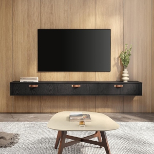 FITUEYES Black Floating TV Stand,70" Modern Media Console Entertainment Center with 3 Flip-Down Doors for Living Room, Bedroom
