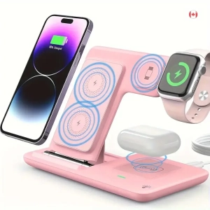 Pink Wireless Charging Station, 3-in-1 Folding Mobile Phone Wireless Charger Bracket, Suitable for iPhone 17,16,15, 14, 13, 12, 11/Pro/Max/Mini/Plus, X, XR, XS/Max, SE, 8/Plus