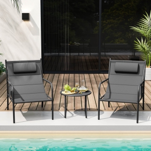 Costway 3 PCS Outdoor Bistro Set Breathable Seat Fabric & Cozy Headrest Metal for Yard