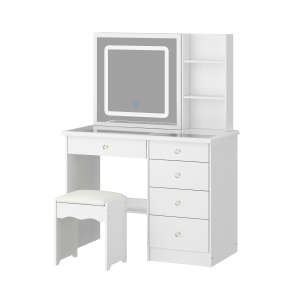 Famapy Vanity Desk Set Makeup Table with Large Lighted Mirror, Dressing Table with 5 Drawers, Storage Shelves & Cushioned Stool for Bedroom(39.4" W x 19.7" D x53.1" H) White