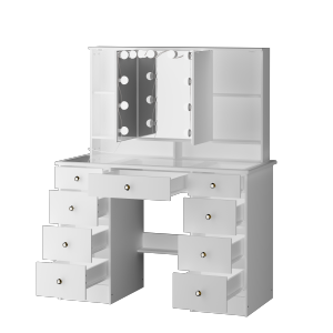 Famapy Vanity Desk Set Makeup Table with Large Three-color Illuminated Mirror, Dressing Table with 9 Drawers, Storage Shelves for Bedroom(43.3" W x 19.7" D x53.9" H)White