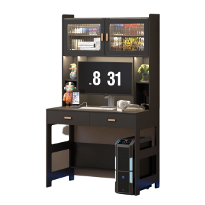 Vlsrka Home Office Desk with Hutch, Modern Computer Gaming Desk with LED Lights & Power Outlets, Black Study Table with Storage Shelves, Teen Writing Desk for Bedroom,Black