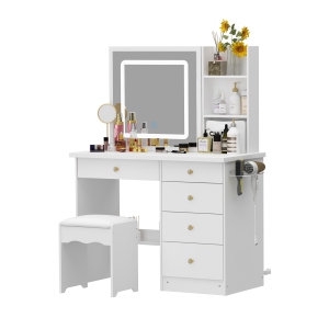 Famapy Vanity Desk Set Makeup Table with Large Sliding Lighted Mirror, Dressing Table with 5 Drawers, Storage Shelves & Cushioned Stool for Bedroom(39.4" W x 18" D x53.4" H) White