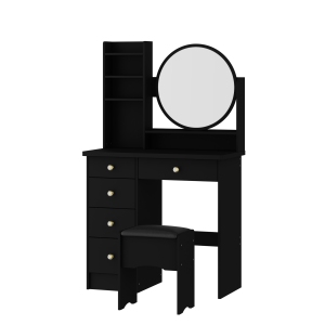 Famapy Vanity Desk Set Makeup Table with Large Lighted Mirror, Dressing Table with 5 Drawers, Storage Shelves & Cushioned Stool for Bedroom(31.5" W x 15.7" D x53.1" H)