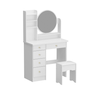 Famapy Vanity Desk Set Makeup Table with Large Lighted Mirror, Dressing Table with 5 Drawers, Storage Shelves & Cushioned Stool for Bedroom(31.5" W x 15.7" D x53.1" H)