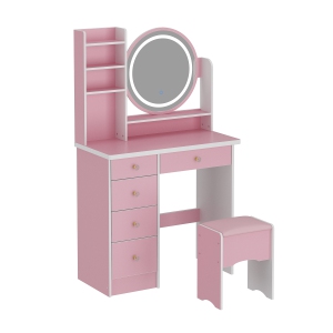 Famapy Vanity Desk Set Makeup Table with Large Lighted Mirror, Dressing Table with 5 Drawers, Storage Shelves & Cushioned Stool for Bedroom(31.5" W x 15.7" D x53.1" H) Pink