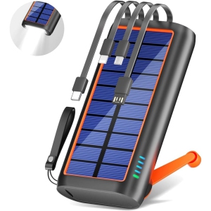 Reezar 61200mAh Solar Charger, Built in Hand Crank 4 Cables, External Battery Pack PD 15W QC3.0 Fast Charging, Type C Input/Output, LED Camping Flashlight SOS