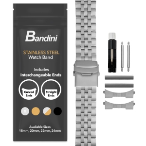 Bandini 24mm Stainless Steel Watch Band for Suunto 9, 9 Baro, 7 and Spartan - Metal Watch Band For Diesel On Axial and Full Guard - Silver Tone
