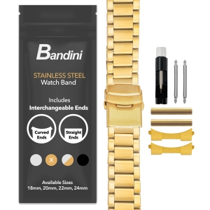 Bandini 20mm Metal Watch Band for Samsung Galaxy Watch6 5 4, Active, Also Fits Garmin Vivoactive 5, Vivomove 3, 1, Venu SQ - Gold Tone