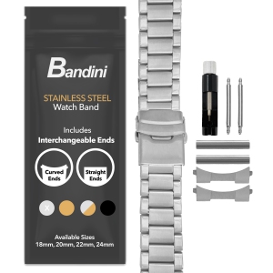 Bandini 24mm Stainless Steel Watch Band for Suunto 9, 9 Baro, 7 and Spartan - Metal Watch Band For Diesel On Axial and Full Guard - Silver Tone