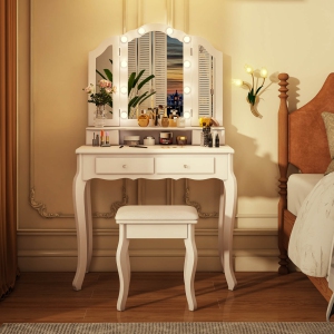 Costway Makeup Vanity Set with Tri-Fold Mirror & LED Lights 4 Drawers Open Shelf White/Black