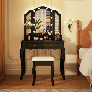 Costway Makeup Vanity Set with Tri-Fold Mirror & LED Lights 4 Drawers Open Shelf White/Black