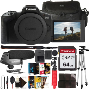 Canon EOS R50 Mirrorless Camera Body + Condenser Shotgun Microphone + Tripod + Transcend 64GB SDXC Card + Photo Video Editing Suite + Camera Bag & more