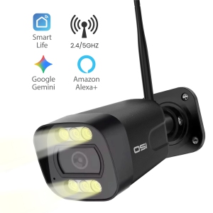 OSI Wi-Fi Outdoor Security Spotlight 4MP Bullet Camera 1080P HD, WiFi Cameras, Home Security Cameras, 6 LED, Two-Way Audio, Night Vision, Alexa, Google, Human Ai Detection