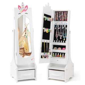 Costway Kids Jewelry Cabinet with Full-Length Mirror Drawer 2 Adjustable Tilt Angles
