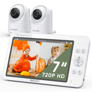 Bonoch 7" 720P Baby Monitor 2 Cameras - Video Baby Monitor No WiFi, Split Screen Baby Camera Monitor, 6000mAh Battery, Auto Night Vision, Sound Detect, Remote PTZ