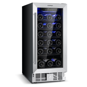 Costway 15 Inch Wine Cooler Refrigerator, 30 Bottles Stainless Steel Wine Cellar with Lock, Tempered Glass Door, Built-in & Freestanding Compressor Mini Wine Fridge