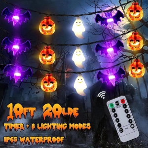 2024Halloween Lights Battery Operated 10FT 20 LED 3D Pumpkin Spiders Ghost Lights with Timer - 8 Light Modes Halloween Lights Outdoor or Indoor Cute Halloween Party Decoration
