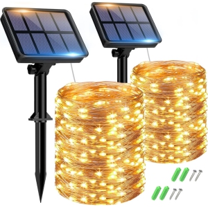 Ensemble de 2 guirlandes lumineuses solaires extérieures, total de 300 LED 110 pi, lumières féeriques solaires étanches 8 modes en cuivre pour patio extérieur, jardin, mariage, arbre, fête, décor de Noël