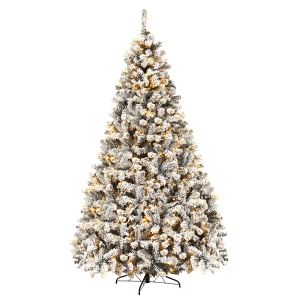 Costway 9 FT Pre-Lit Christmas Tree, Snow Flocked Hinged Xmas Tree with 1498 Branches Tips & 550 LED Lights, Metal Stand, Artificial Pine Lighted Holiday Tree