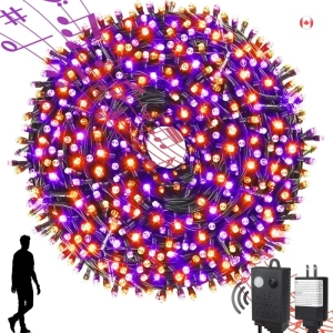 108FT 300 LED Halloween String Lights with Motion Sensor & Spooky Music | Orange & Purple Waterproof Decor for Indoor/Outdoor, Tree, Party