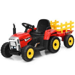 Costway Ride On Tractor with Trailer, Toddler 3-Gear-Shift Ground Loader, LED Lights, Horn, Music, 12V Battery Powered Electric Toy Tractor with Remote Control, Red