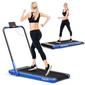 SuperFit 2 in 1 Folding Treadmill, 2.25HP Under Desk Electric Superfit Treadmill, Installation-Free with APP Control, Remote Control, Bluetooth Speaker and LED Display, Navy Blue