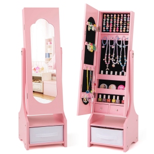 Costway Kids Jewelry Cabinet with Full-Length Mirror Drawer 2 Adjustable Tilt Angles