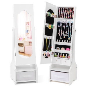 Costway Kids Jewelry Cabinet with Full-Length Mirror Drawer 2 Adjustable Tilt Angles