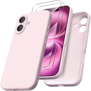 ORNARTO Compatible with iPhone 16 Case with 2 x Screen Protector,Shockproof Liquid Silicone Gel Rubber Cover,Drop Protection Phone Case for iPhone 16 Case-Pink