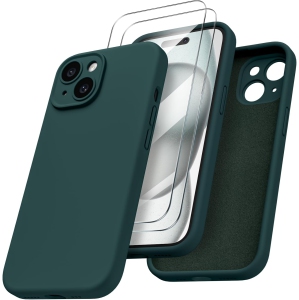 ORNARTO Designed for iPhone 15 Case with 2X Screen Protector, Liquid Silicone Gel Rubber Cover [Upgraded Camera Protection], Shockproof Protective Phone Case 6.1"-Olive Green