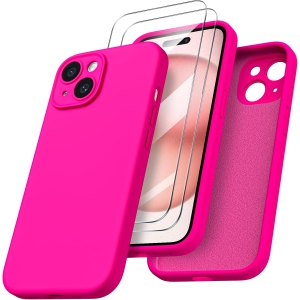 ORNARTO Designed for iPhone 15 Case with 2X Screen Protector, Liquid Silicone Gel Rubber Cover [Upgraded Camera Protection], Shockproof Protective Phone Case 6.1"-Hot Pink
