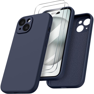 ORNARTO Designed for iPhone 15 Case with 2X Screen Protector, Liquid Silicone Gel Rubber Cover [Upgraded Camera Protection], Shockproof Protective Phone Case 6.1"-Dack Blue