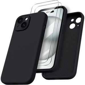 ORNARTO Designed for iPhone 15 Case with 2X Screen Protector, Liquid Silicone Gel Rubber Cover [Upgraded Camera Protection], Shockproof Protective Phone Case 6.1"-Black