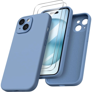 ORNARTO Designed for iPhone 15 Case with 2X Screen Protector, Liquid Silicone Gel Rubber Cover [Upgraded Camera Protection], Shockproof Protective Phone Case 6.1"-French Blue