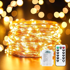 33Feet 100 LEDs Warm White Outdoor Indoor String Lights, Fairy Lights Battery Operated with Remote, Waterproof Lights for Bedroom Dorm Garden Party Christmas Decoration