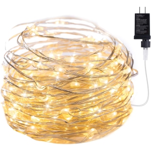 33Ft 100 LEDs Fairy Lights Plug in, Waterproof Silver Wire Firefly Lights, UL Adaptor Included, String Lights for Wedding Indoor Outdoor Christmas Garden Decoration, Warm White