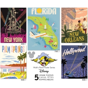 Ceaco - 5-in-1 Limited Edition Jigsaw Puzzle Multipack – Walt’s Plane Posters – Contains 5 Disney D23 Expo Puzzles - (2) 300 Piece, (2) 500 Piece, (1) 750 Piece Jigsaw Puzzles