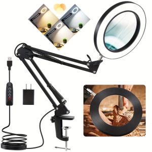 YOULIGHTS Modern Adjustable Swivel Arm 10x Magnifier Desk Lamp with Light and Clip, 3 Color Modes Stepless Dimming Real Glass LED Lighting Magnifier, Hands Free