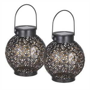 2 pieces of outdoor lights suitable for outdoor solar lantern lights hollow design decorative metal hanging LED lights sensitive lighting control lights IP44 waterproof