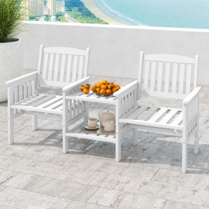 Costway Outdoor Fir Wood Loveseat with 2-Tier Side Table and 1.96" Umbrella Hole