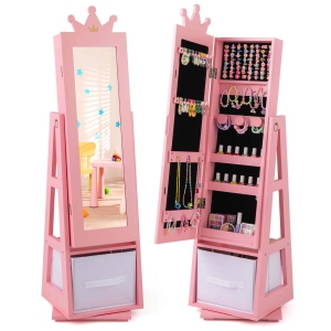 Costway Kids Jewelry Cabinet with Full-Length Mirror Foldable Drawer Anti-toppling System