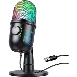 Gaming Microphone, USB PC Mic for Streaming, Podcasts, Recording, Condenser Computer Desktop Mic on Mac/PS4/PS5, with RGB Control, Mute Touch, Headphone Jack, Stand