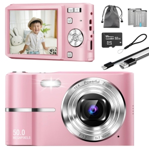 MAKATA Compact HD Digital Camera (PINK) 50MP 16X Zoom HD 1080P Point and Shoot Camera 32GB Memory Card, Fun Camera for Boys Girls Kids Students Beginners Birthday and Holiday Gift