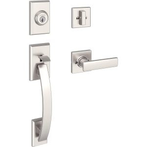 Weiser Satin Nickel Front Door Lock and Handle Set, Tavaris Deadbolt Lock and Handleset with Reversible Breton Interior Door Handle