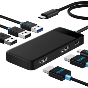 Docking Station Dual Monitor - 6 in 1 USB C Hub w/ 4K HDMI * 2, 5Gbps USB 3.0 * 1, USB 2.0 * 2, USB C PD 100W Fast Charging - Plug and Play for Laptop Dell Lenovo HP MacBook