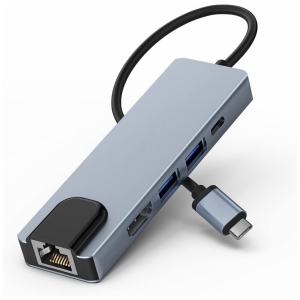 5-in-1 USB C Hub with Ethernet, USB-C Multiport Adapter with 4K HDMI, Ethernet Input, 2*USB Ports, USB C PD Charging for MacBook Pro 2019, iPad Pro2020, XPS15, Pixelbook, and More