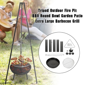 TOPTENG Portable Camping Fire Pit, Height-Adjustable Outdoor Tripod with Stainless Steel BBQ Net, Charcoal Grill, and Garden Patio Heater for Campfire Cooking, Black