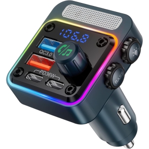54W Bluetooth 5.3 Car Adapter with 4 Charging Ports [PD 36W & QC3.0 18W], Wireless Radio FM Transmitter with Deep Bass Player & 5 Colors LED Backlit, Hands-Free Calling