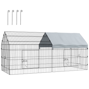 PawHut 87"L Small Animals Pet Playpen Catio Cage with Doors for Rabbits, Guinea Pig, Chicken, Chinchillas, Cat, Quail, Duck, Outdoor Indoor Use with Spire Roof, Silver